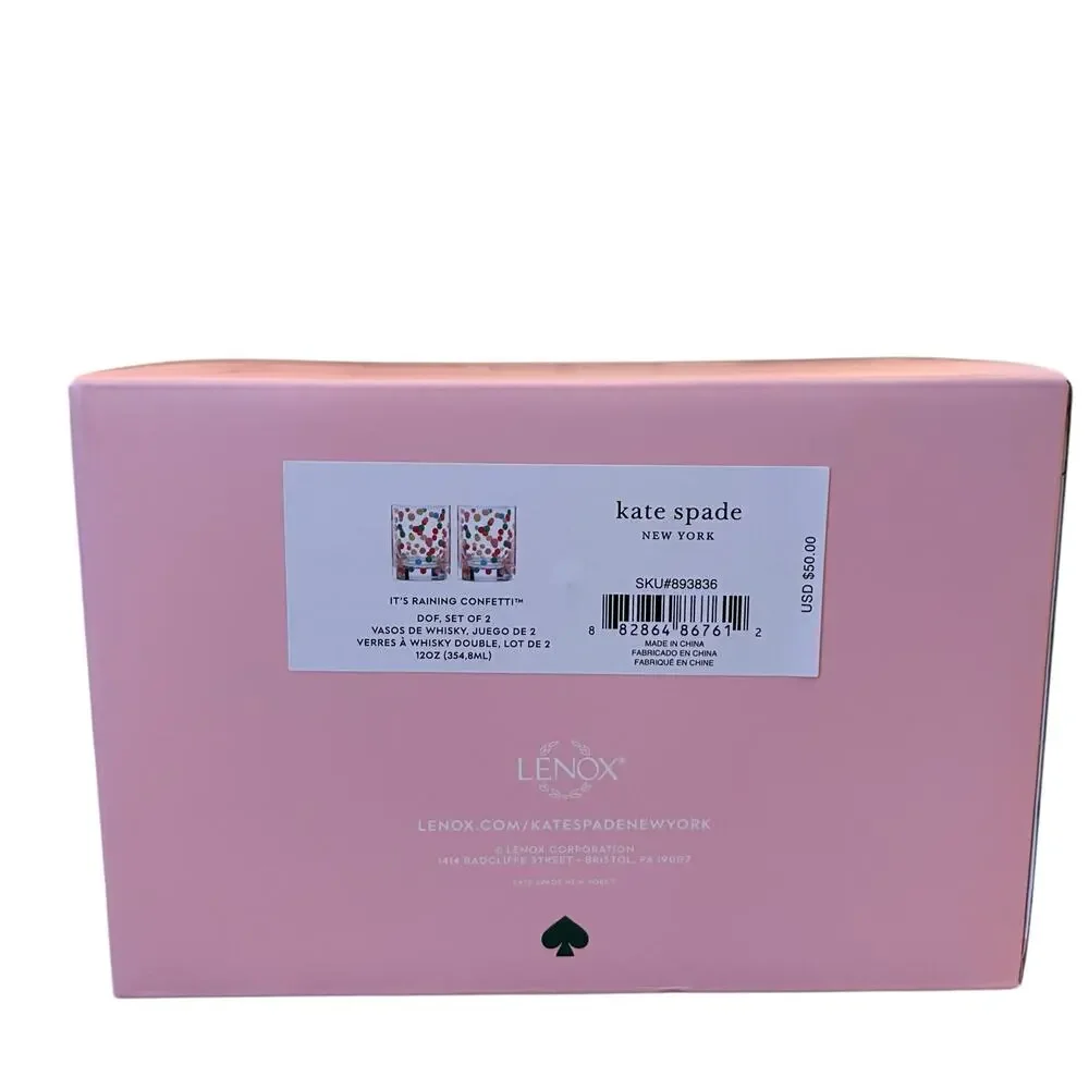 Kate Spade ITS RAINING CONFETTI Double Old Fashioned Whiskey Glass Set of 2 New